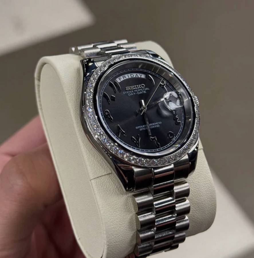 SEIKO MODS Daydate Stone Silver Black Band