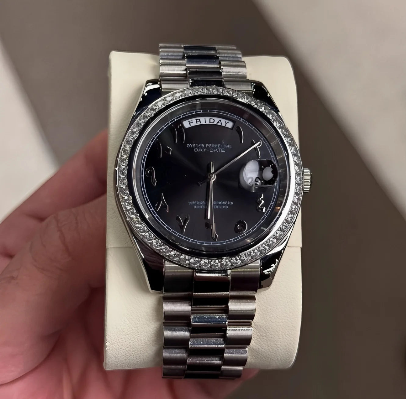 SEIKO MODS Daydate Stone Silver Black Band